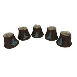 Set of 5 Mini Clip-On Chandelier Lamp Shades Bell-Shaped Brown w/Blue Tassels 4"